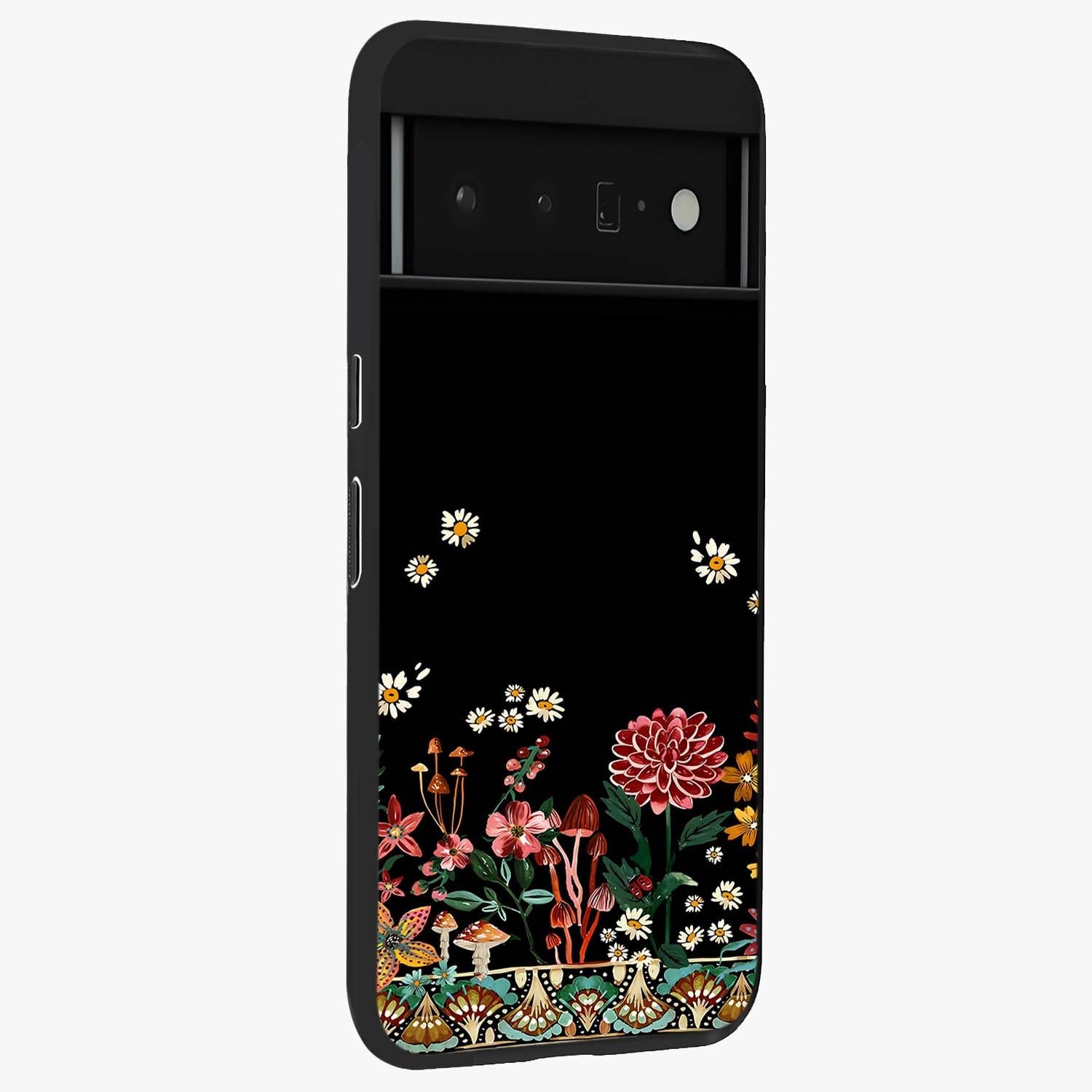 Midnight Bloom Pattern Glass Case upright view showcasing decorative floral artwork with deep night themed palette.