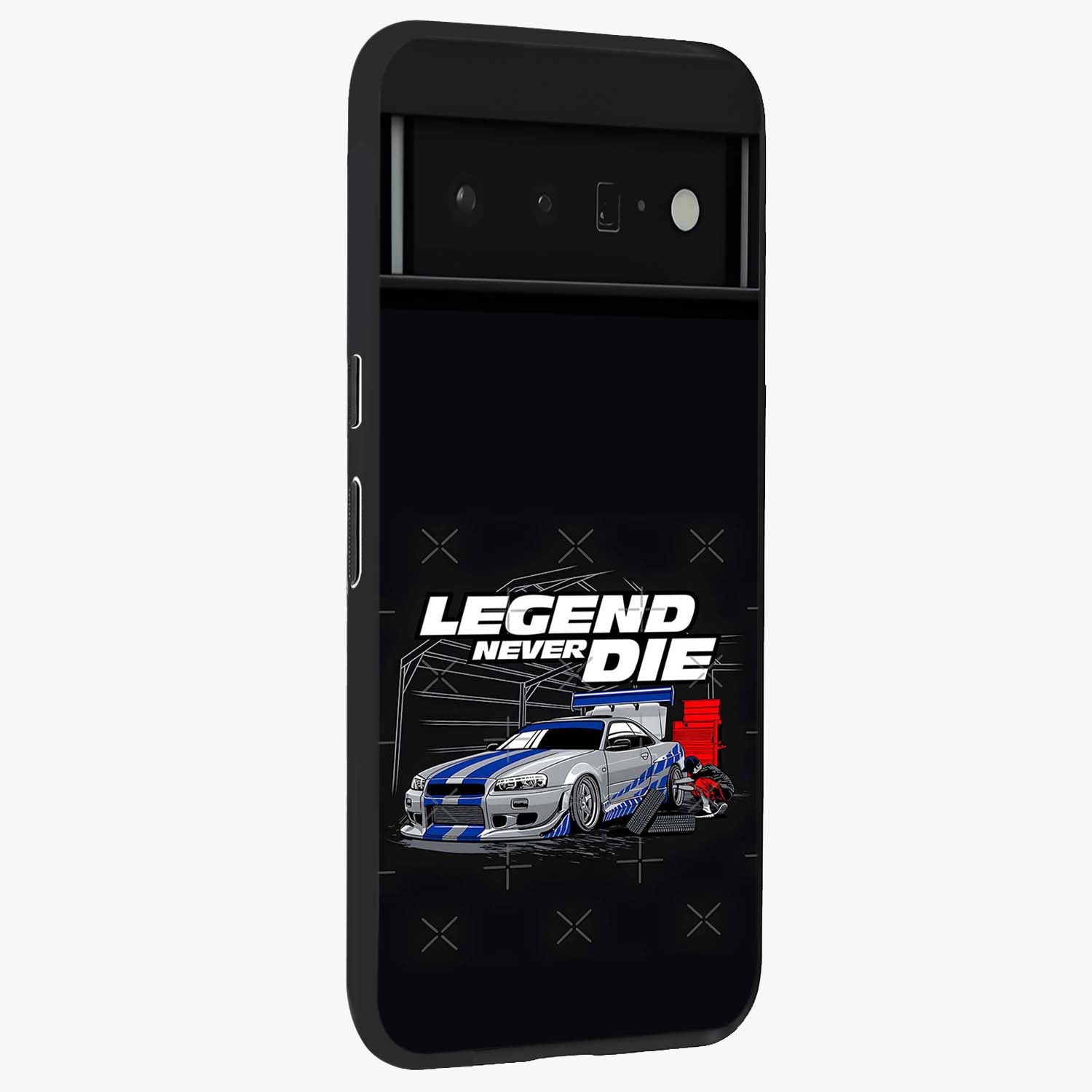 Midnight Racing Legacy Glass Case upright view showcasing powerful racing artwork with modern sports theme.