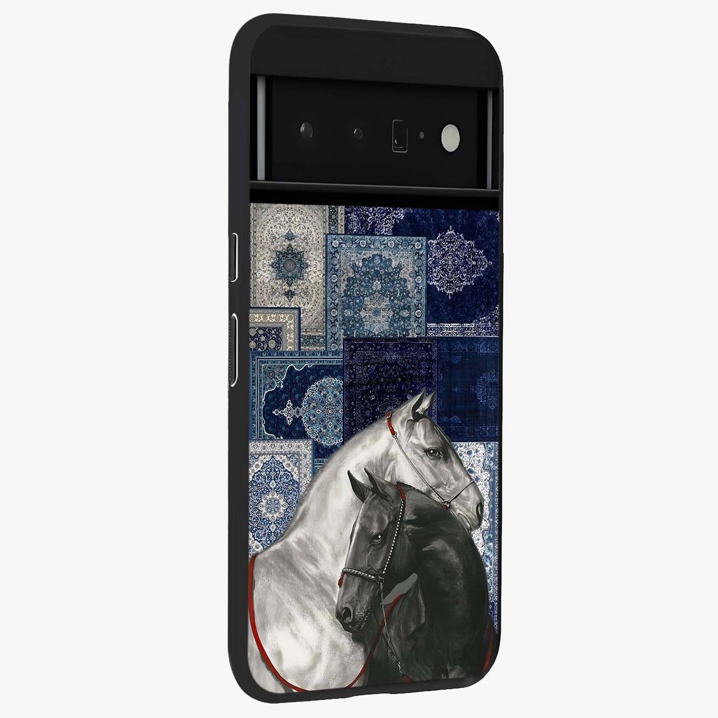 Midnight Stallion Blues Glass Case upright view showcasing dramatic horse artwork with bold artistic theme.
