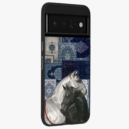 Midnight Stallion Blues Glass Case upright view showcasing dramatic horse artwork with bold artistic theme.