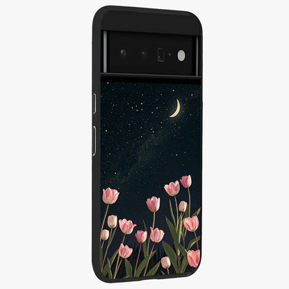 Midnight Tulip Whispers Vibe Glass Case upright view showcasing graceful tulip artwork with calm botanical theme.