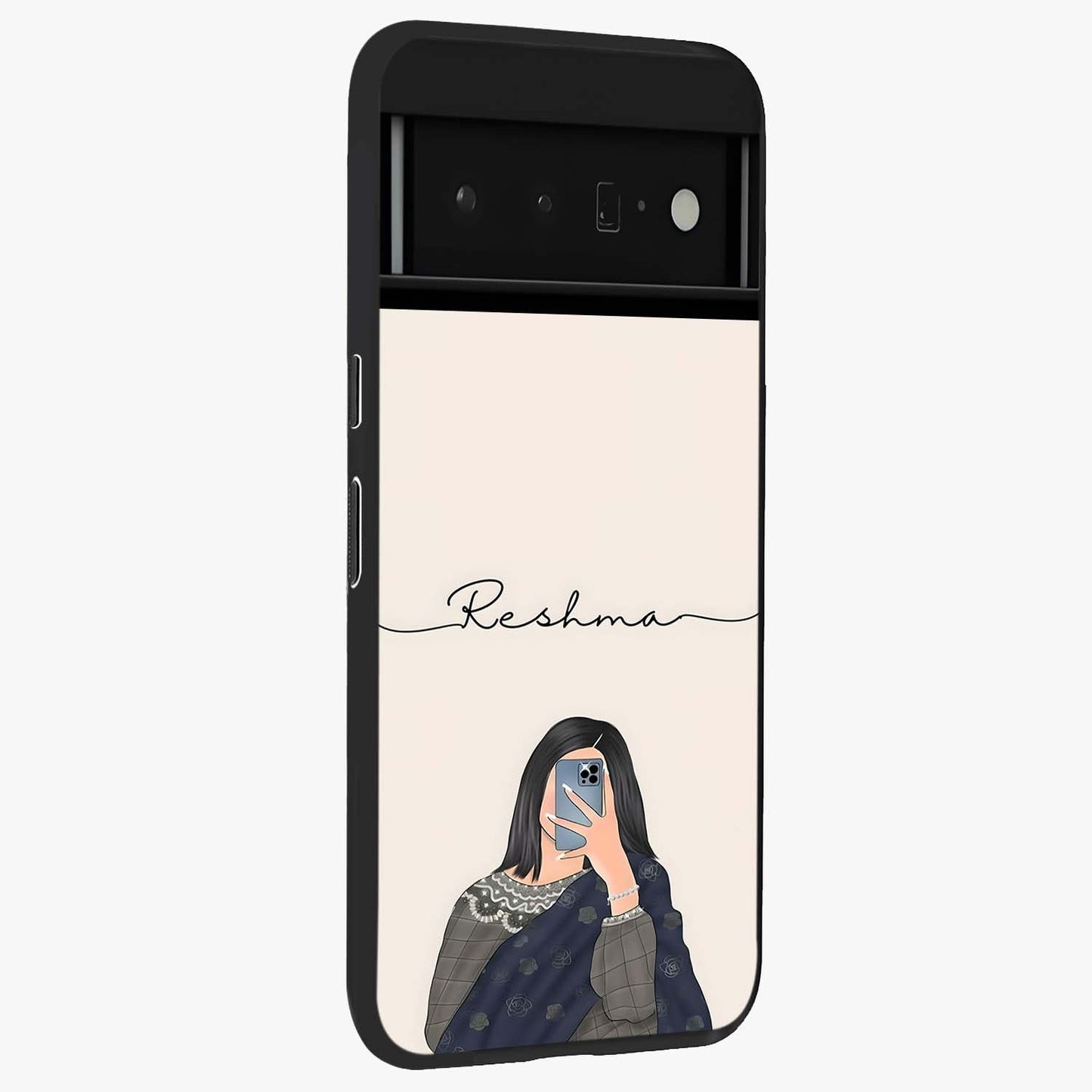 Mirror Mood Muse With Custom Name Glass Case upright view showcasing artistic mirror themed artwork with personalized aesthetic.
