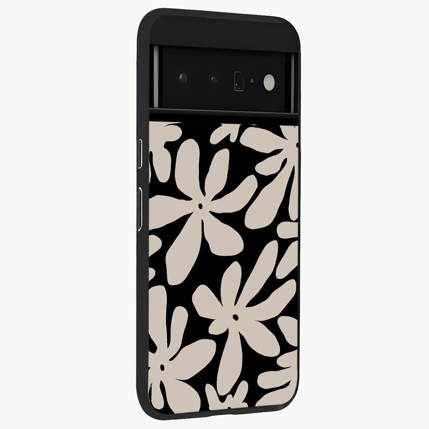 Monochrome Petal Dance Glass Case upright view showcasing artistic floral pattern with stylish monochrome theme.