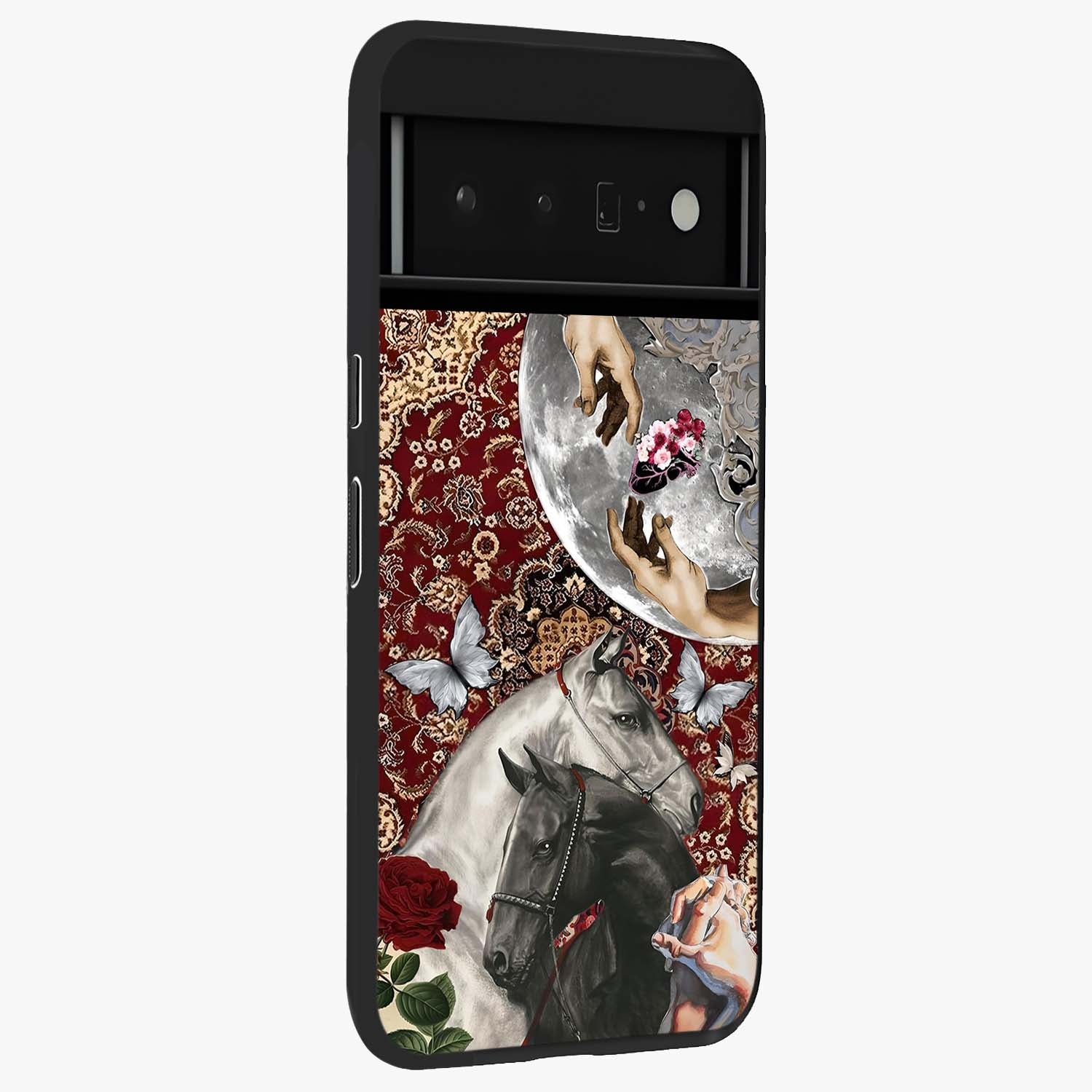 Moonlit Royal Stallion Glass Case upright view showcasing dramatic horse artwork with glowing moon themed design.