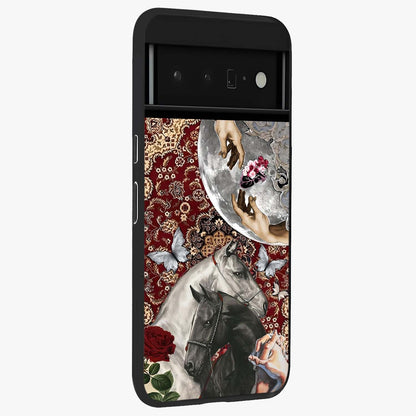 Moonlit Royal Stallion Glass Case upright view showcasing dramatic horse artwork with glowing moon themed design.