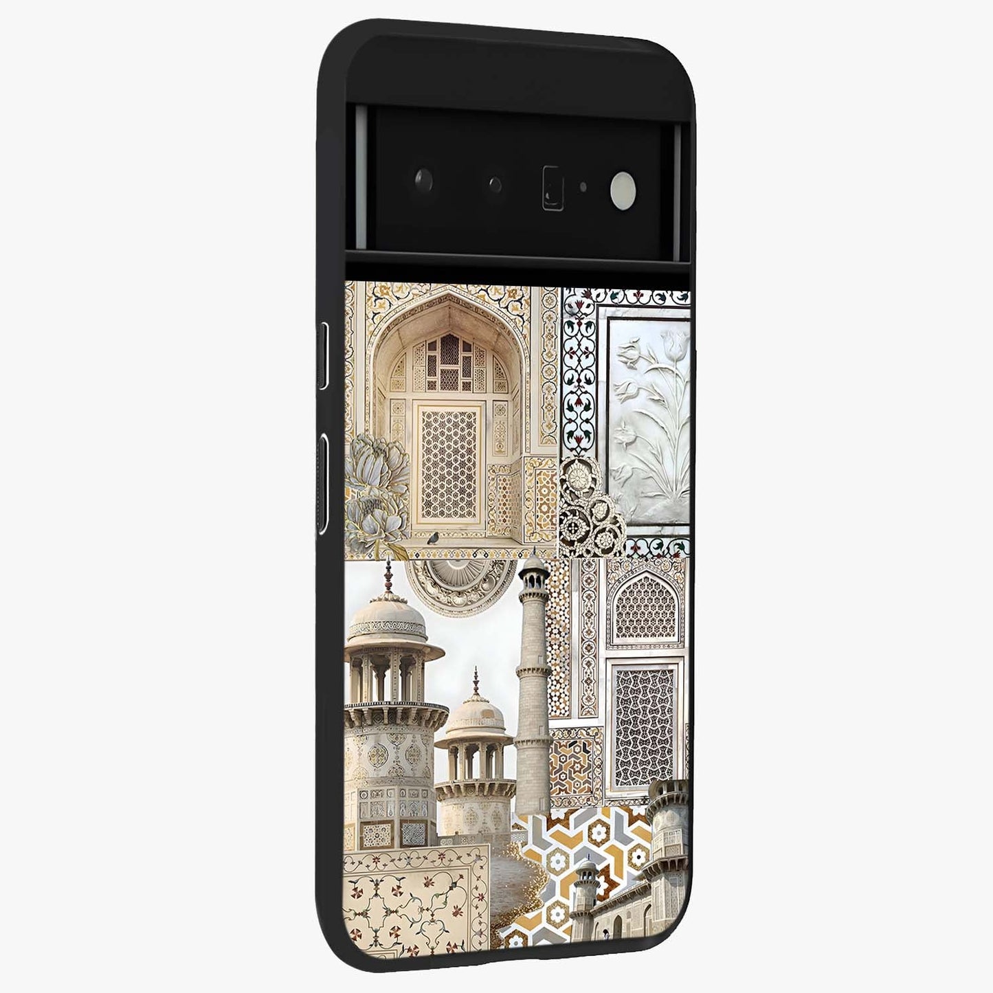 Mughal Marble Legacy Glass Case upright view showcasing ornate Mughal design with luxurious traditional theme.