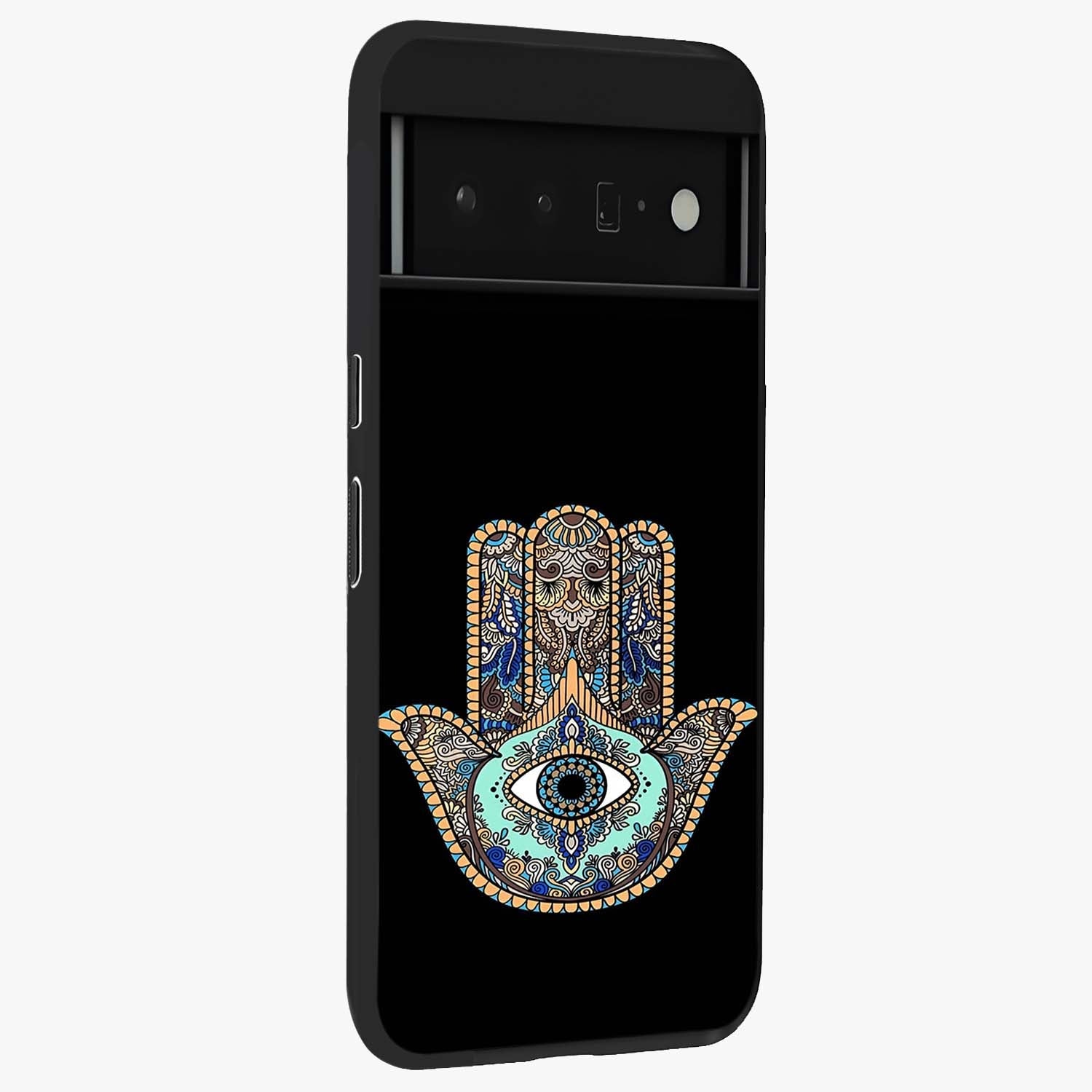 Mystic Hamsa Eye Glass Case upright view showcasing detailed hamsa eye artwork with protective spiritual theme.