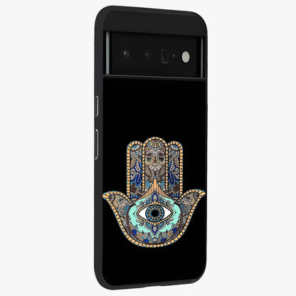 Mystic Hamsa Eye Glass Case upright view showcasing detailed hamsa eye artwork with protective spiritual theme.
