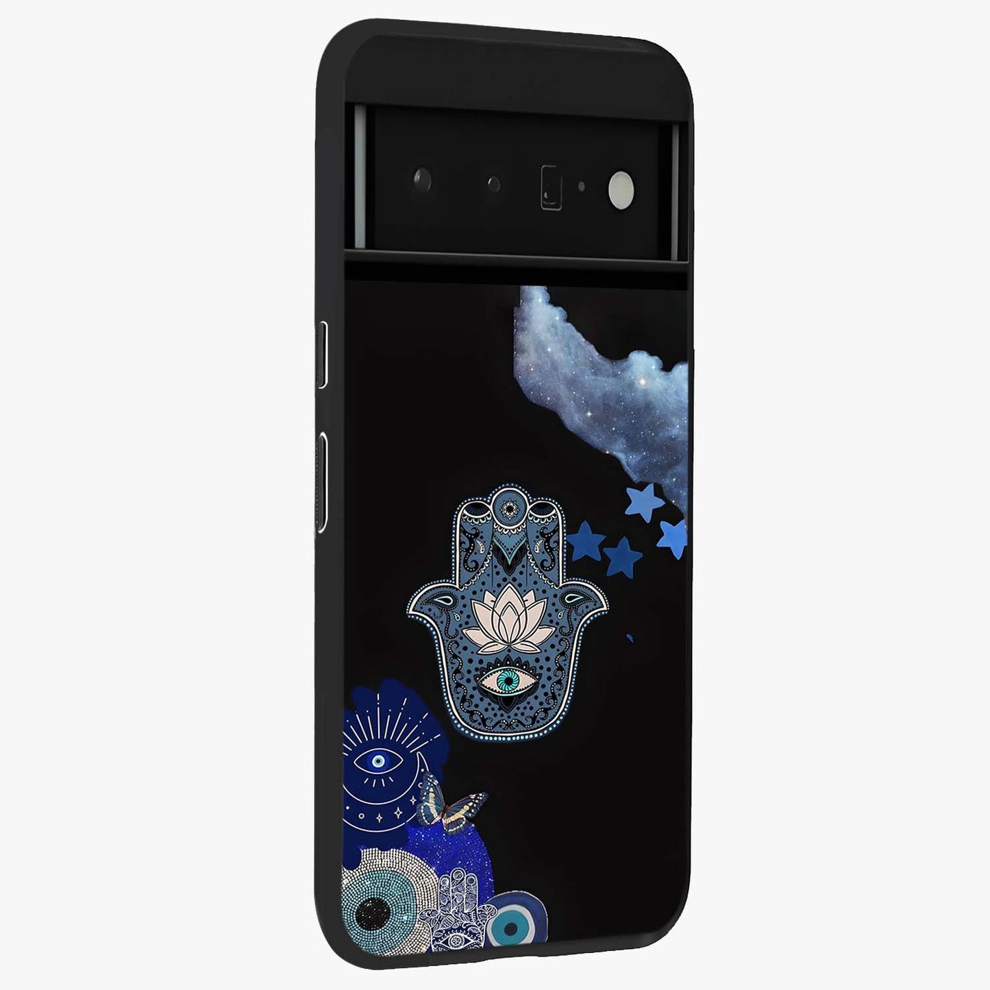 Mystic Hand Aura Glass Case upright view showcasing symbolic hand artwork with mystical energy theme.