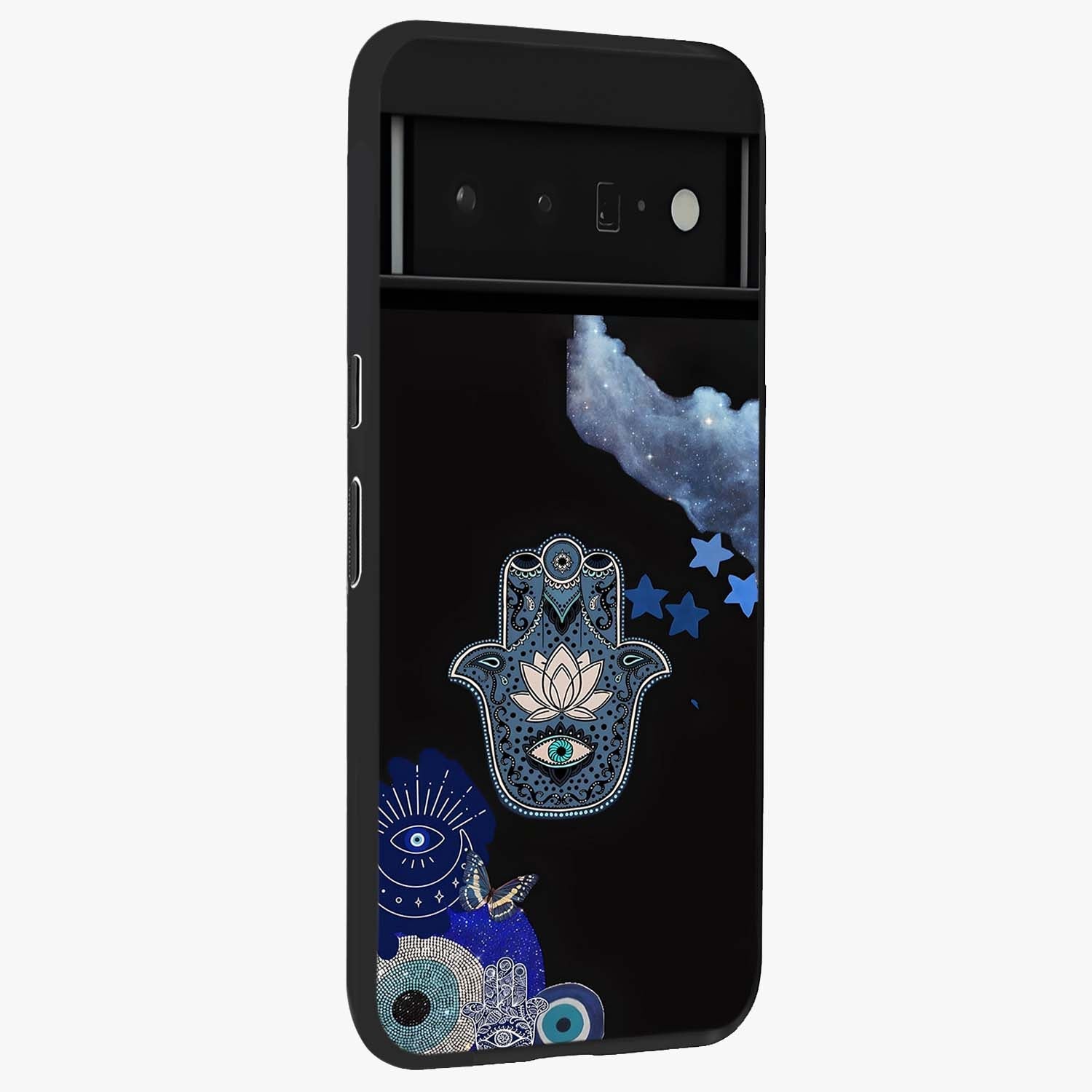Mystic Hand Aura Glass Case upright view showcasing symbolic hand artwork with mystical energy theme.