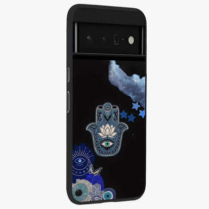 Mystic Hand Aura Glass Case upright view showcasing symbolic hand artwork with mystical energy theme.