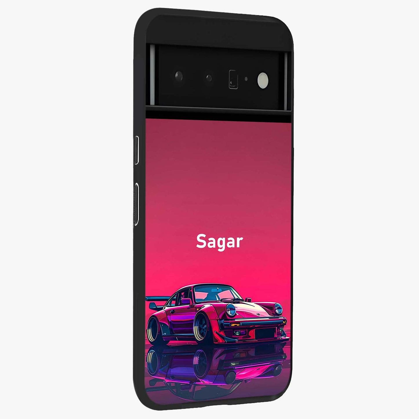 Neon Pink Porsche Glass Case upright view showcasing vibrant sports car artwork with bold automotive theme.