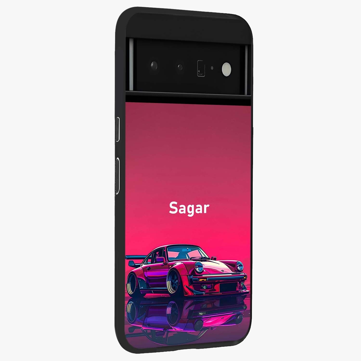 Neon Pink Porsche Glass Case upright view showcasing vibrant sports car artwork with bold automotive theme.
