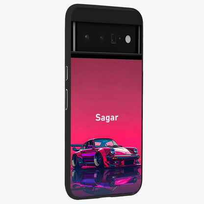 Neon Pink Porsche Glass Case upright view showcasing vibrant sports car artwork with bold automotive theme.