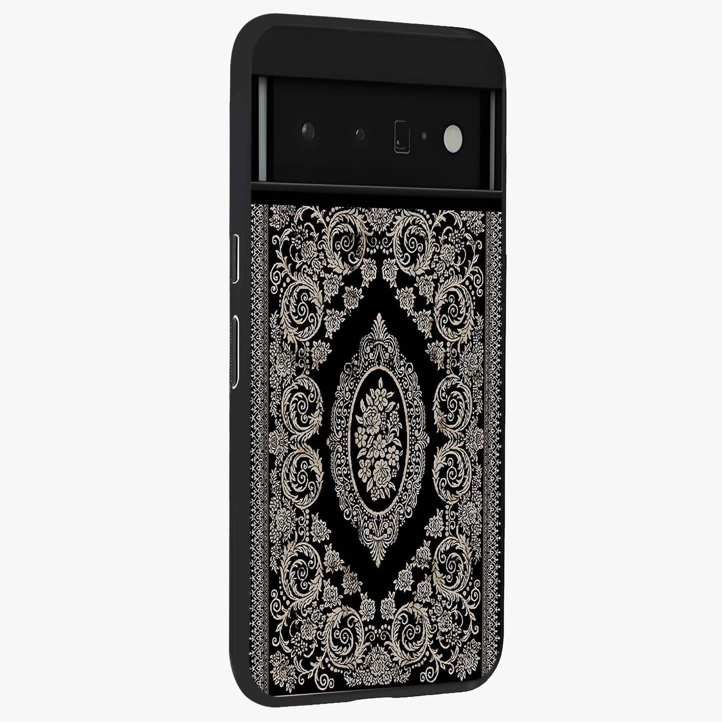 Noir Bloom Elegance Glass Case upright view showcasing graceful floral artwork with luxurious dark theme.