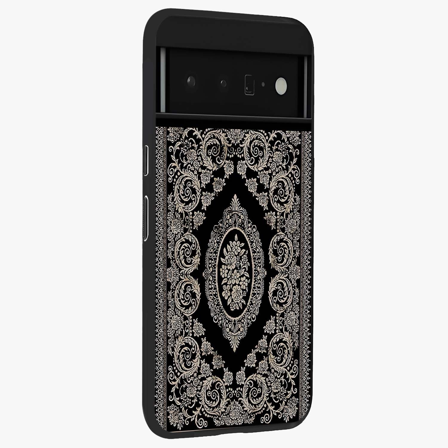 Noir Bloom Elegance Glass Case upright view showcasing graceful floral artwork with luxurious dark theme.