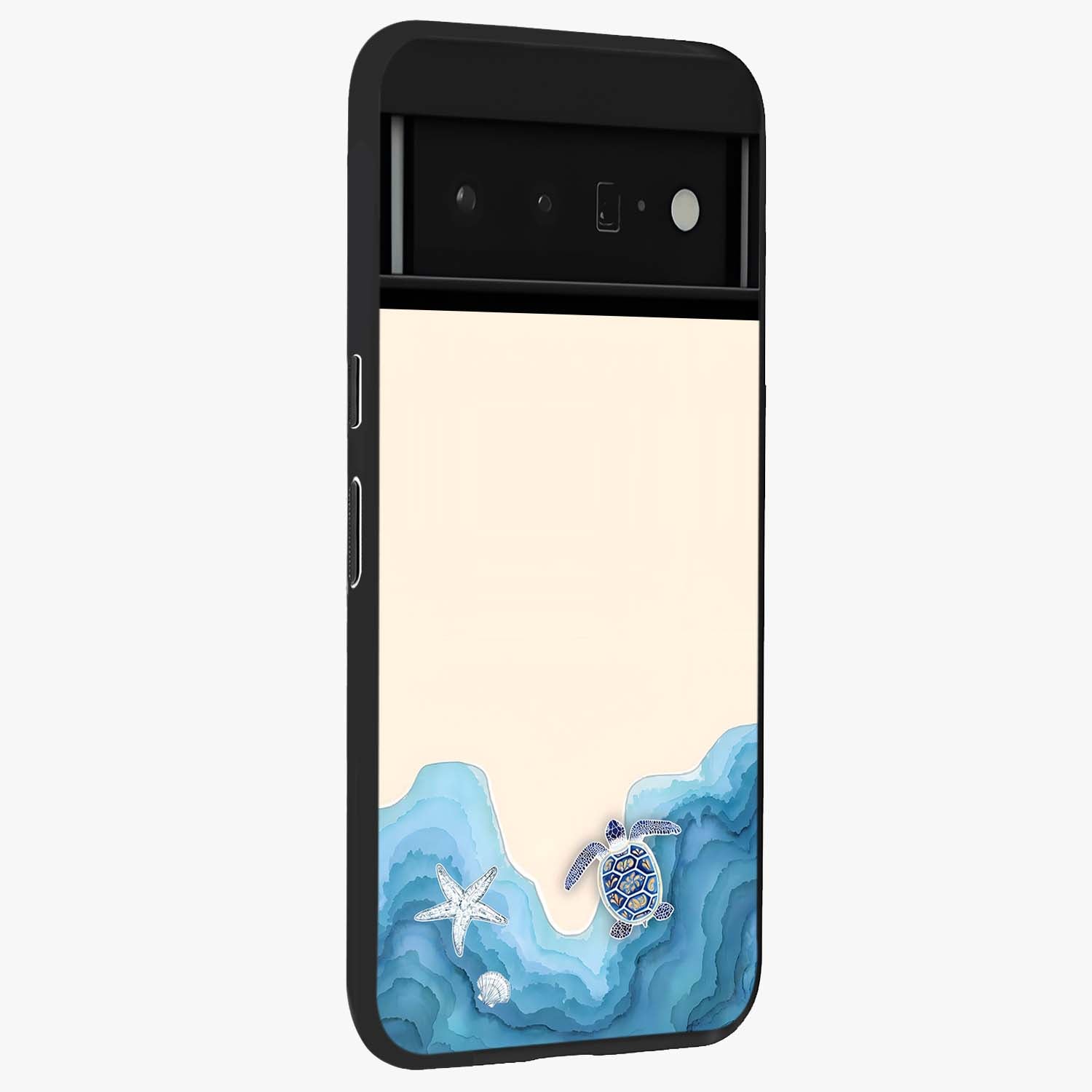 Ocean Drift Turtle Glass Case upright view showcasing calm underwater turtle artwork with nature inspired theme.