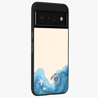 Ocean Drift Turtle Glass Case upright view showcasing calm underwater turtle artwork with nature inspired theme.