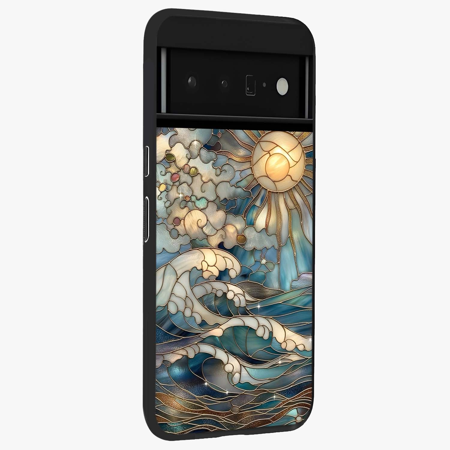 Oceanic Stained Printed Glass Case upright view showcasing decorative ocean pattern artwork with vibrant marine theme.