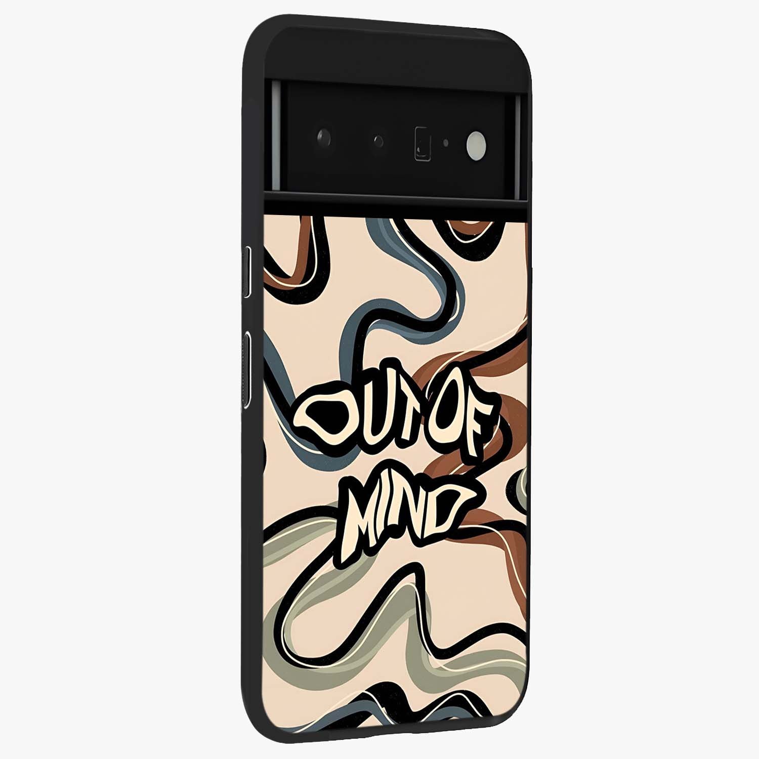 Out Of Mind Glass Case upright view showcasing striking typography artwork with edgy conceptual theme.