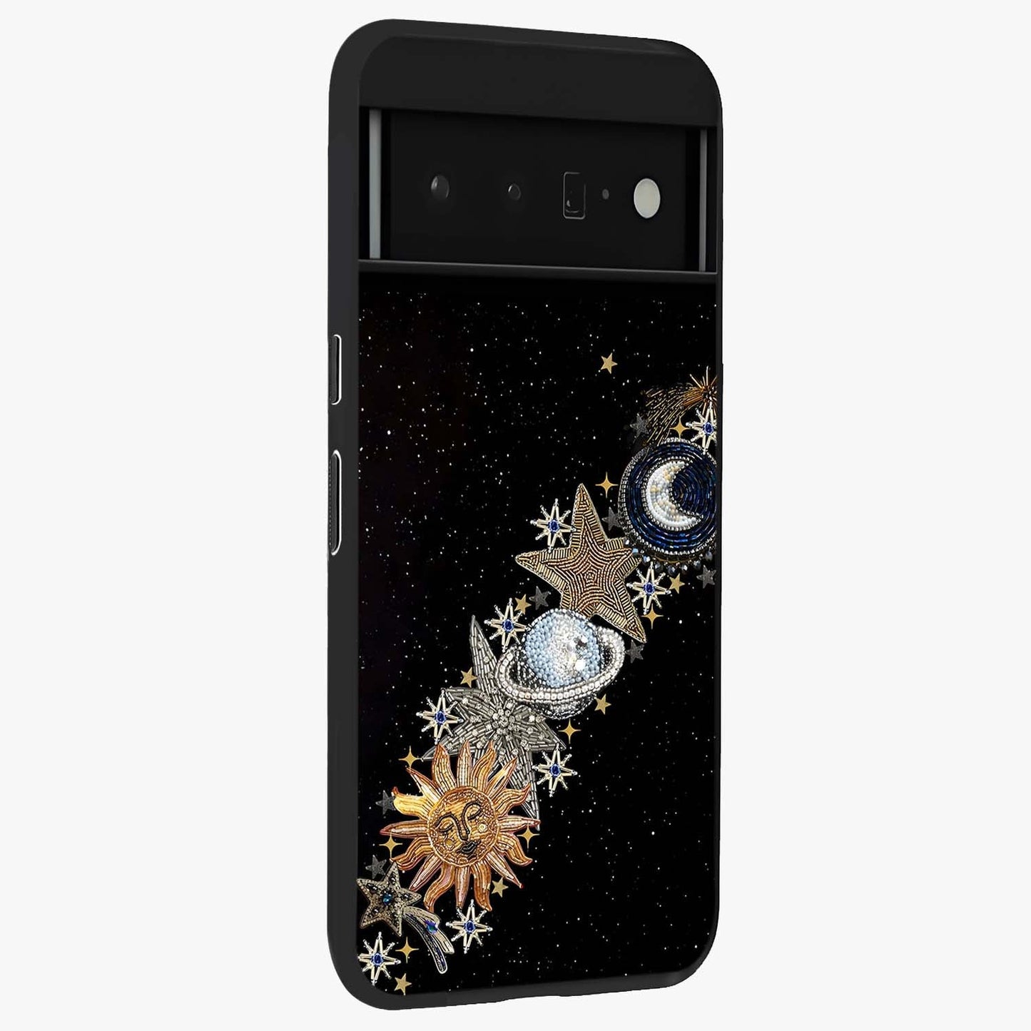 Pearls Universe Object Glass Case upright view showcasing decorative pearl themed artwork with cosmic elegance.