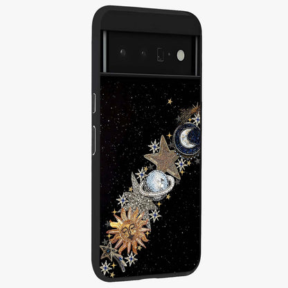 Pearls Universe Object Glass Case upright view showcasing decorative pearl themed artwork with cosmic elegance.
