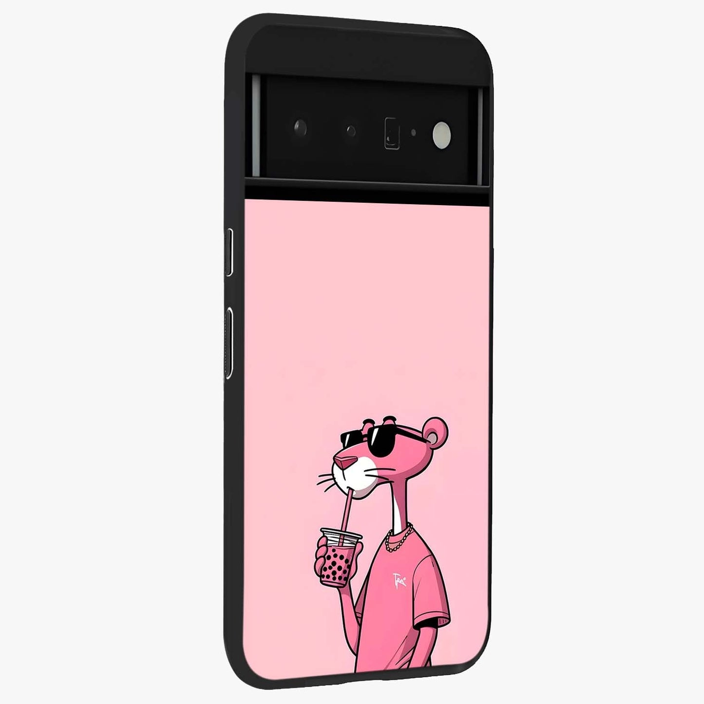 Pink Panther Glass Case upright view showcasing fun animated artwork with stylish retro cartoon theme.