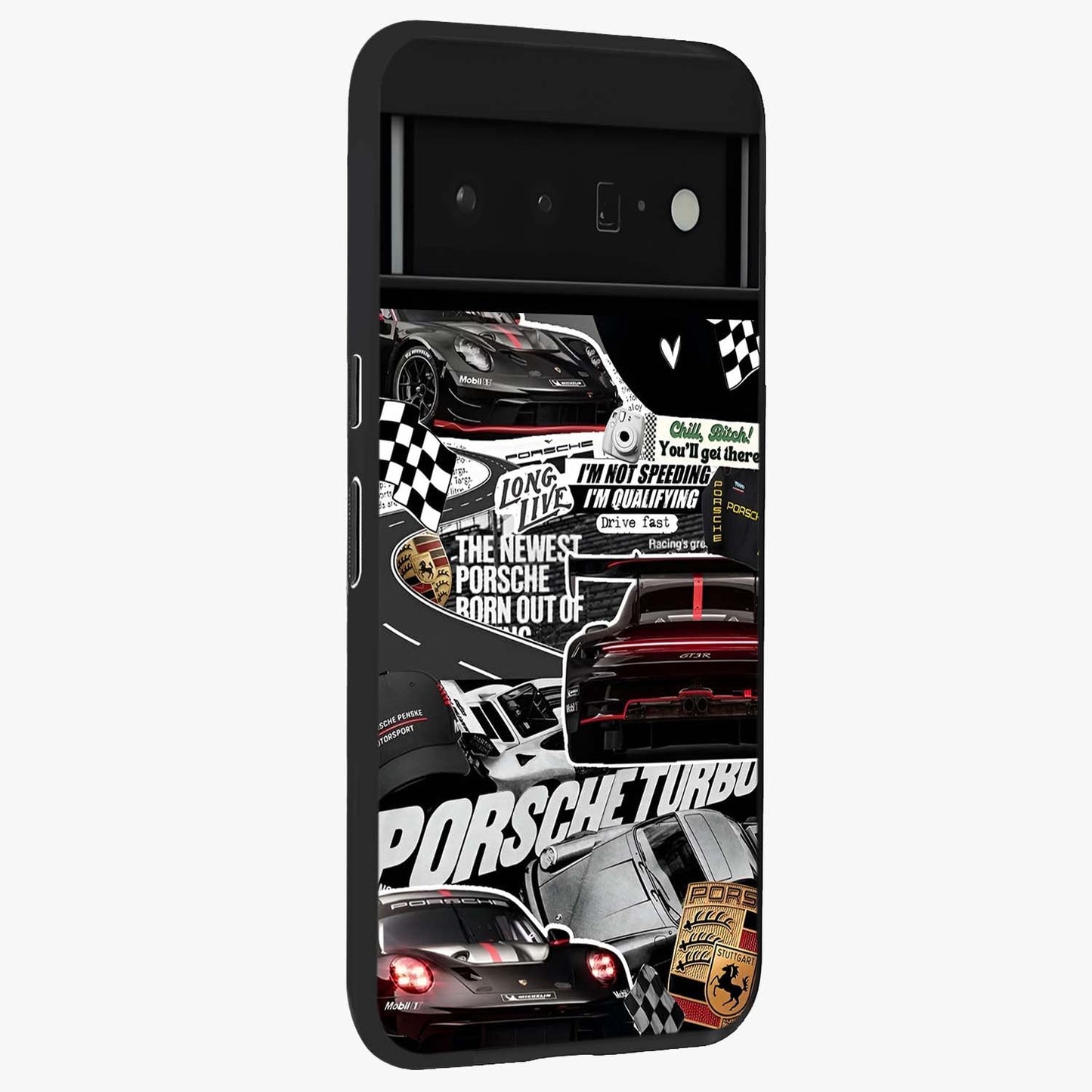 Porsche Racing Collage Glass Case upright view showcasing energetic car collage artwork with high speed racing theme.