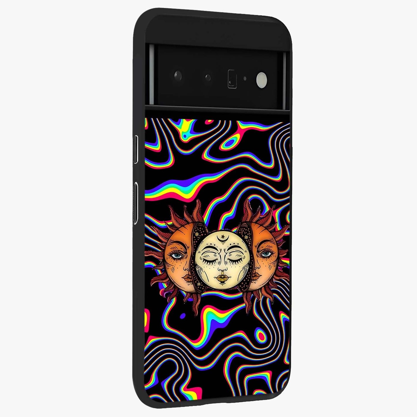 Psychedelic Sun Glass Case upright view showcasing trippy sun artwork with bold psychedelic theme.