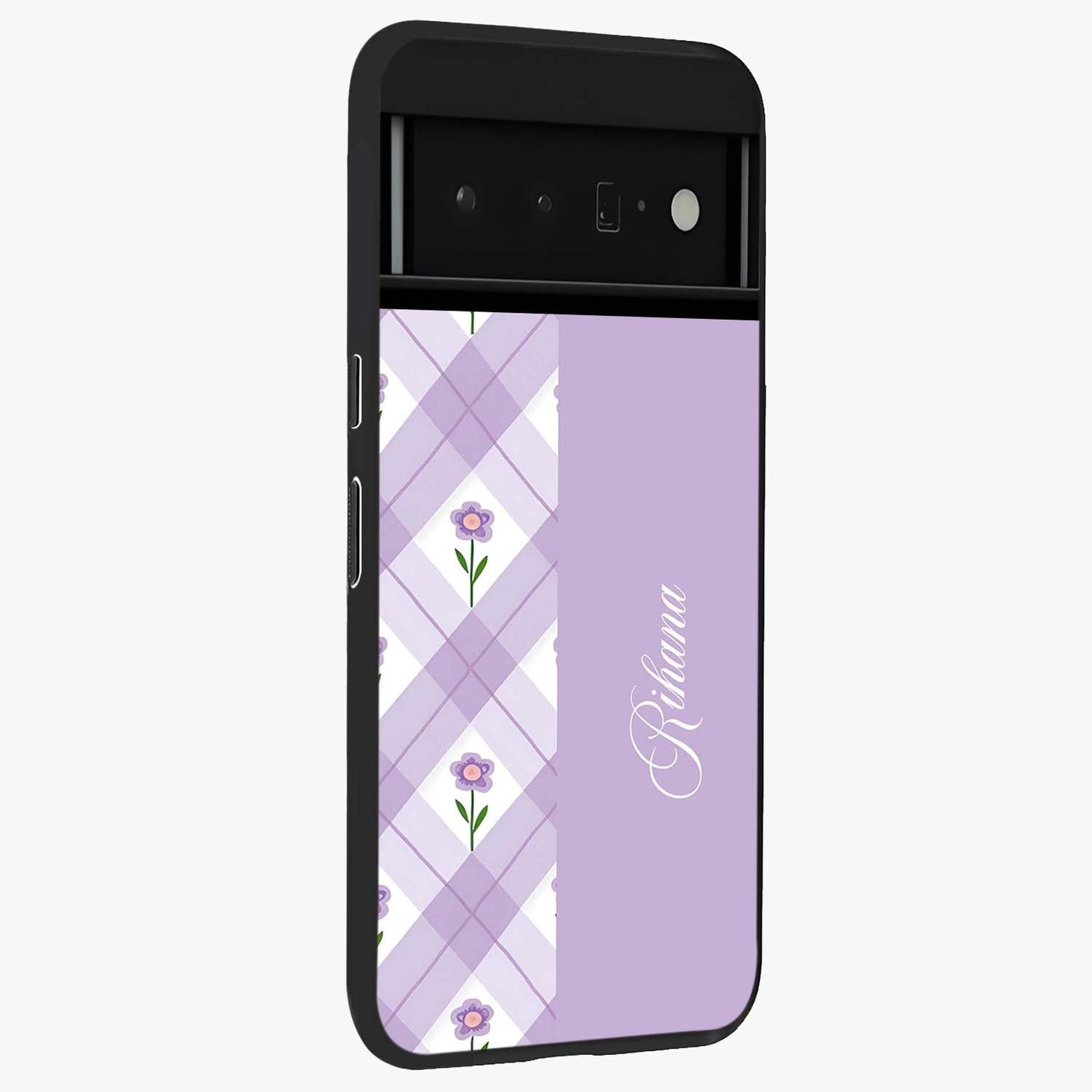 Purple Diamond Floral Glass Case upright view showcasing vibrant floral artwork with stylish geometric theme.