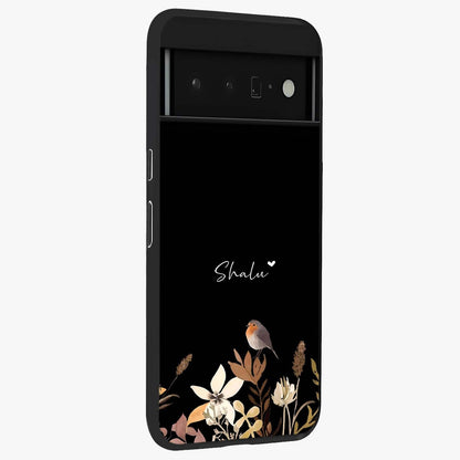 Quiet Garden Tune Custom Name Glass Case upright view showcasing serene botanical artwork with personalized aesthetic.