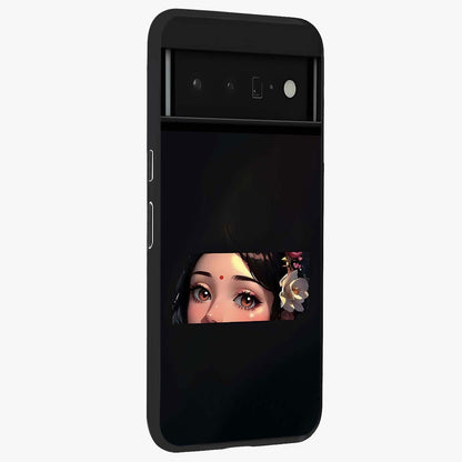 Radha Divine Embrace Glass Case upright view showcasing sacred Radha themed artwork with peaceful devotional style.