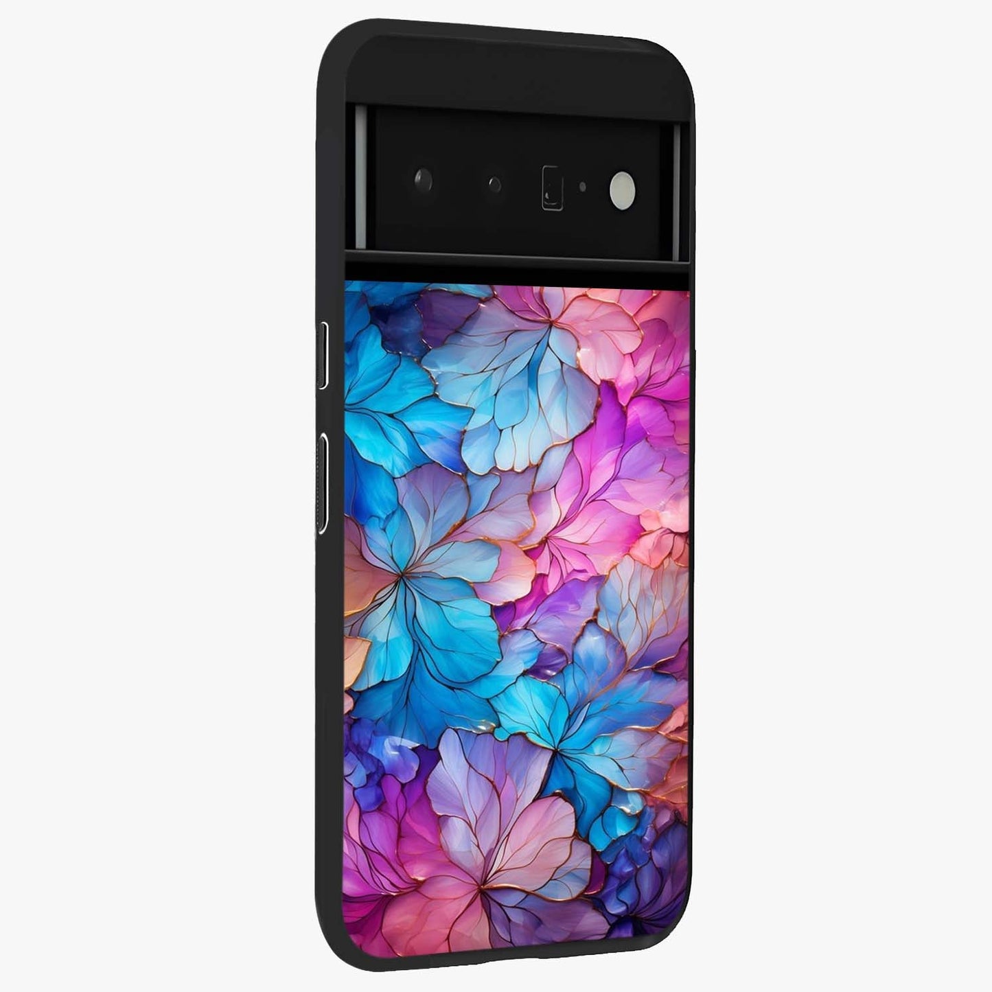 Radiant Floral Whirl Glass Case upright view showcasing lively floral artwork with decorative swirl theme.