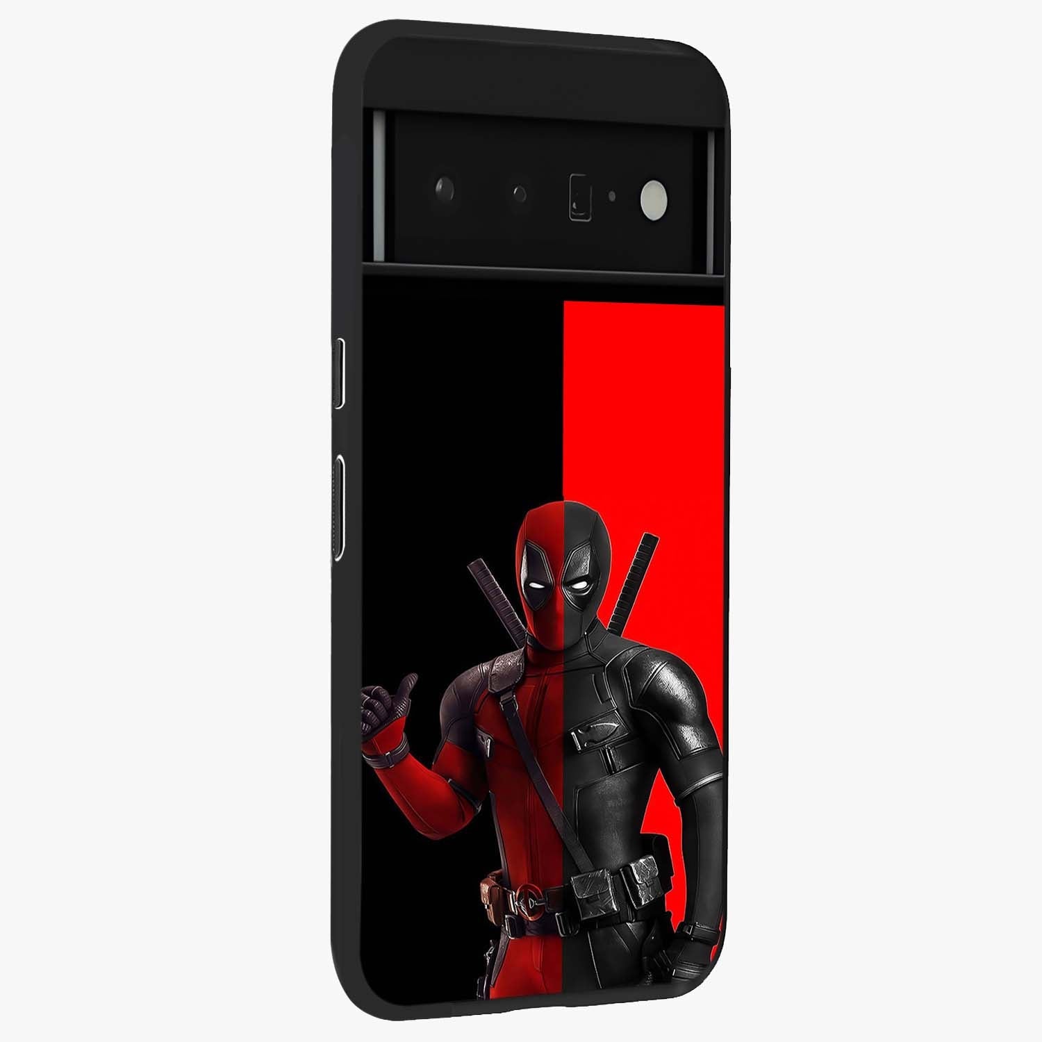 Red & Black Deadpool Theme Glass Case upright view showcasing energetic comic themed artwork with striking red and black design.