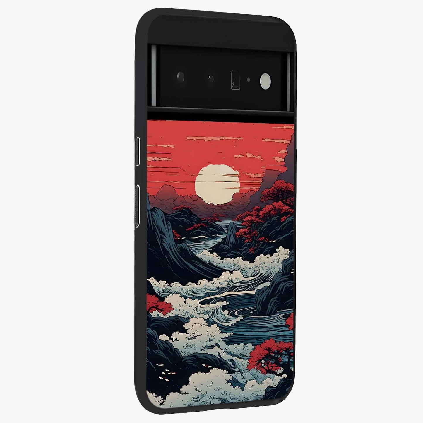 Red Sunset Scenery Glass Case upright view showcasing dramatic sunset scenery artwork with warm nature theme.