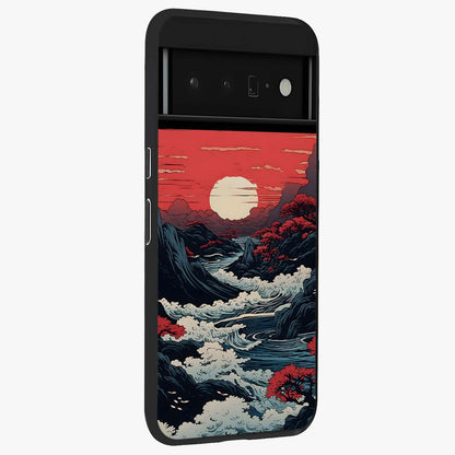 Red Sunset Scenery Glass Case upright view showcasing dramatic sunset scenery artwork with warm nature theme.