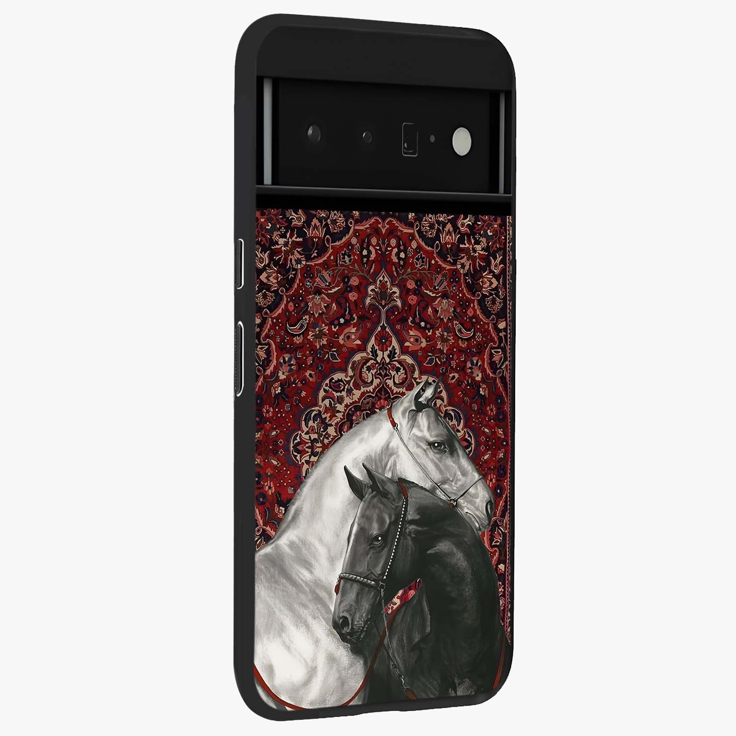 Regal Stallion Tapestry Glass Case upright view showcasing powerful horse artwork with elegant tapestry theme.