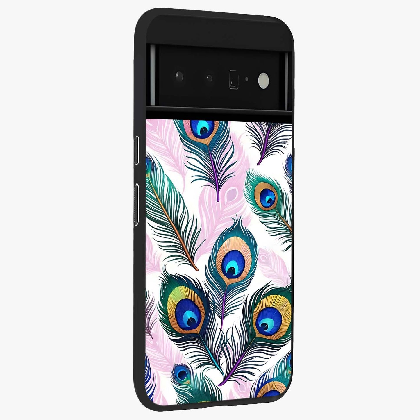 Royal Peacock Feathers Glass Case upright view showcasing elegant peacock feather artwork with decorative royal theme.