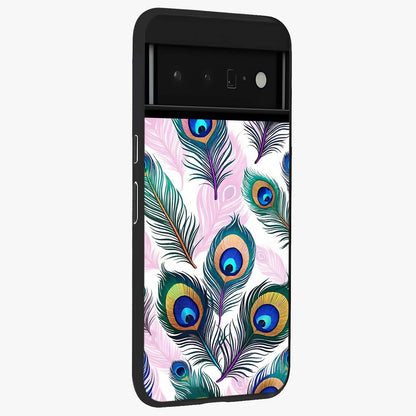 Royal Peacock Feathers Glass Case upright view showcasing elegant peacock feather artwork with decorative royal theme.