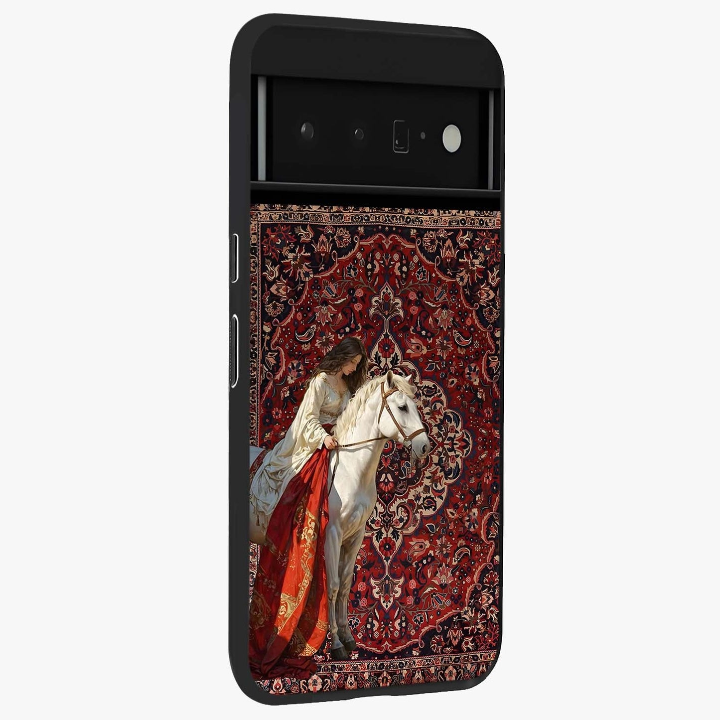 Royal Rider Tapestry Glass Case upright view showcasing detailed rider artwork with classic tapestry theme.