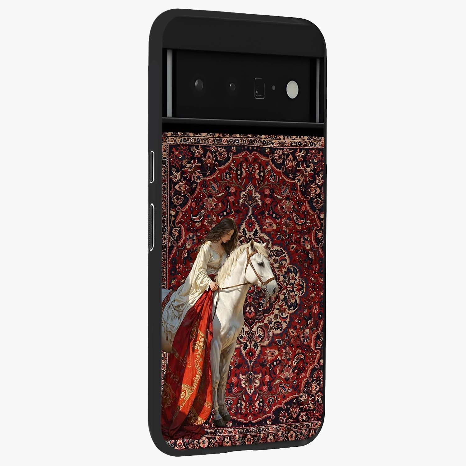 Royal Rider Tapestry Glass Case upright view showcasing detailed rider artwork with classic tapestry theme.