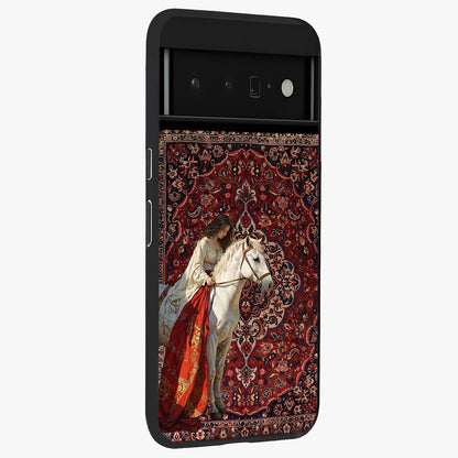 Royal Rider Tapestry Glass Case upright view showcasing detailed rider artwork with classic tapestry theme.