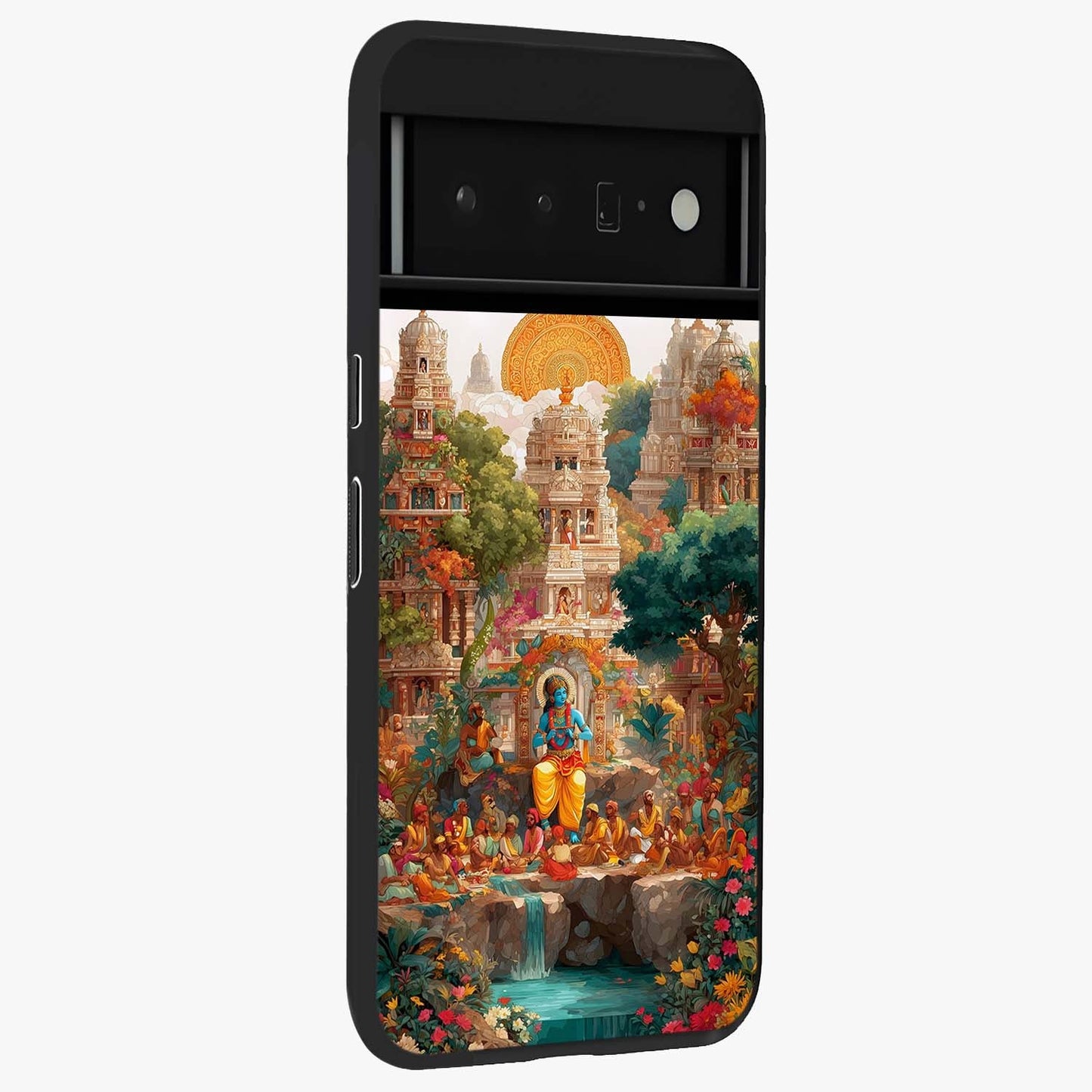 Sacred Sunlight Gods Glass Case upright view showcasing glowing divine artwork with sacred mythological theme.