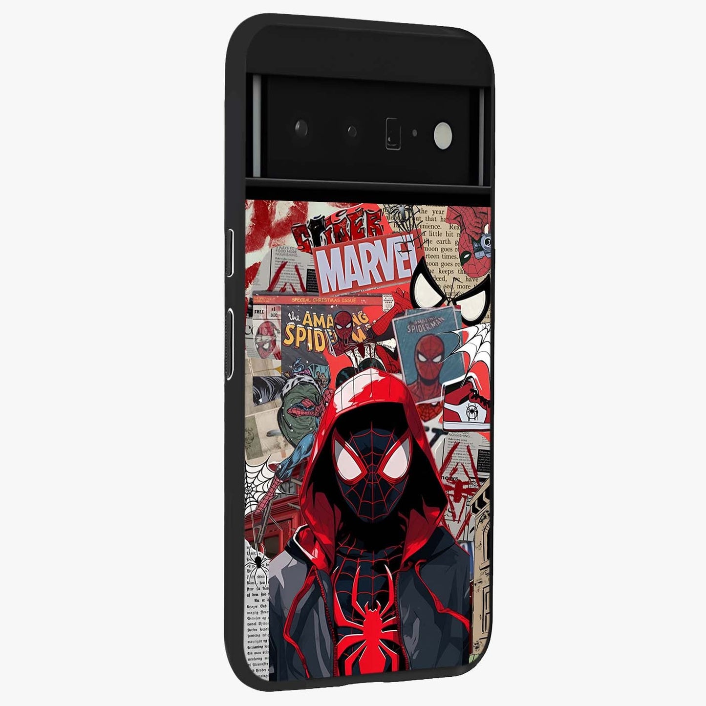 Spider Collage Street Glass Case upright view showcasing bold superhero artwork with urban street theme.