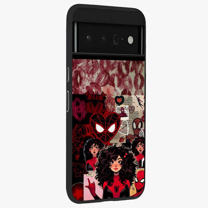 Spider Love Story Glass Case upright view showcasing charming superhero artwork with romantic comic theme.
