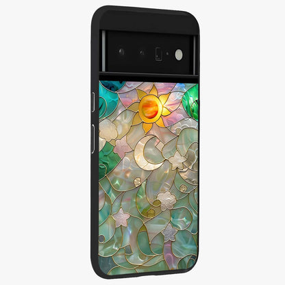Stained Sunrise Glow Glass Case upright view showcasing colorful sunrise artwork with warm morning theme.