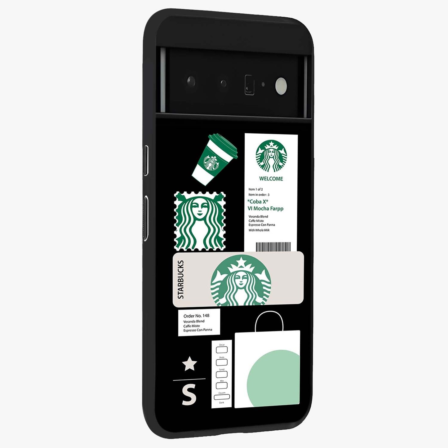 Starbucks Mocha Glass Case upright view showcasing trendy coffee inspired artwork with modern lifestyle theme.