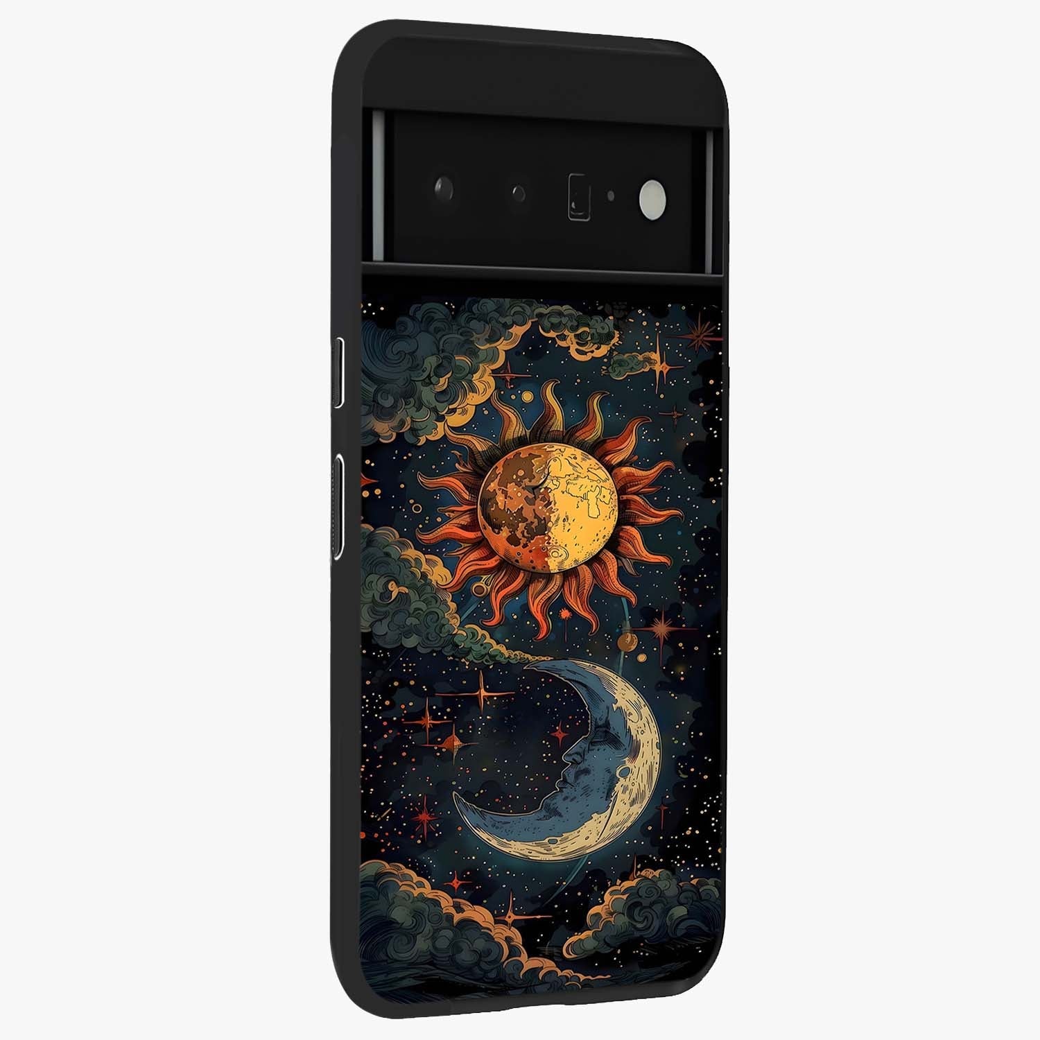 Sun And Moon Magic Design Glass Case upright view showcasing decorative sun and moon artwork with spiritual celestial theme.
