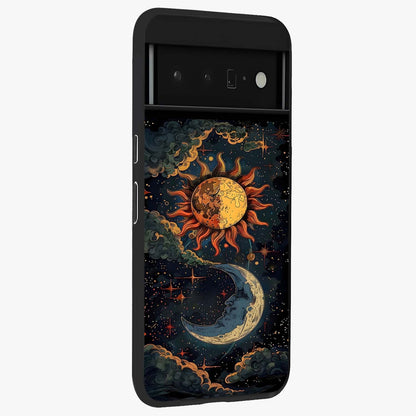 Sun And Moon Magic Design Glass Case upright view showcasing decorative sun and moon artwork with spiritual celestial theme.