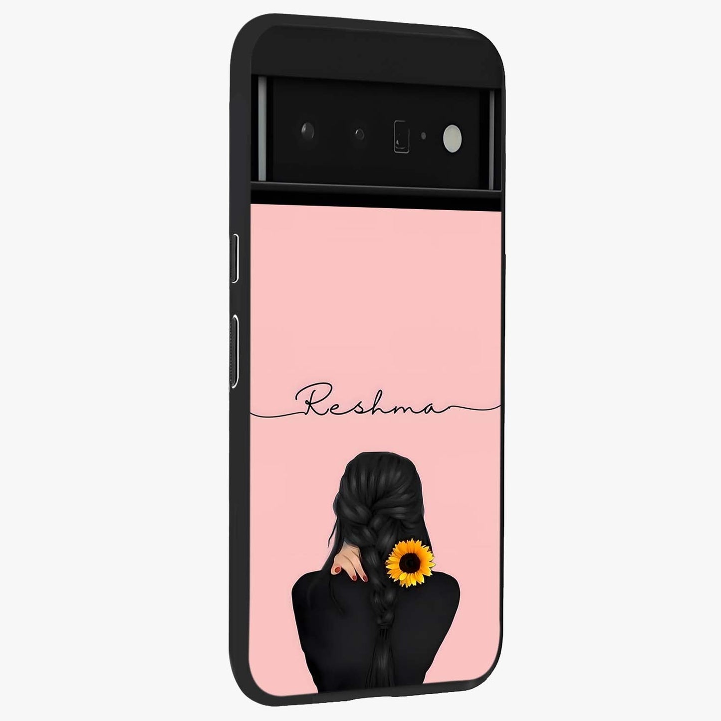 Sunflower Braid Beauty With Custom Name Glass Case upright view showcasing bright sunflower artwork with personalized floral aesthetic.